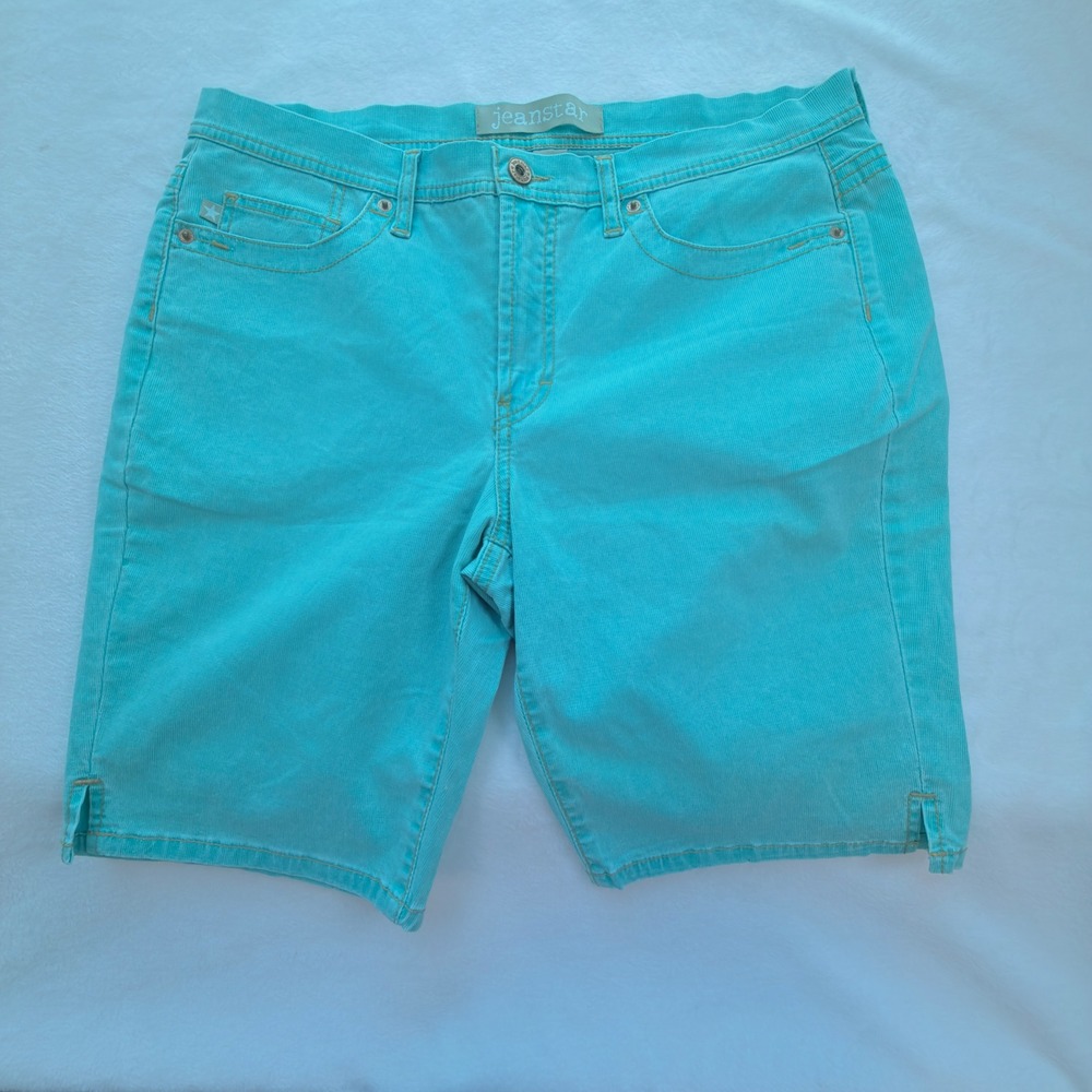 Jeanstar Bermuda Shorts Womens 14P Teal Excellent Corduroy Stretch Slit Hem
